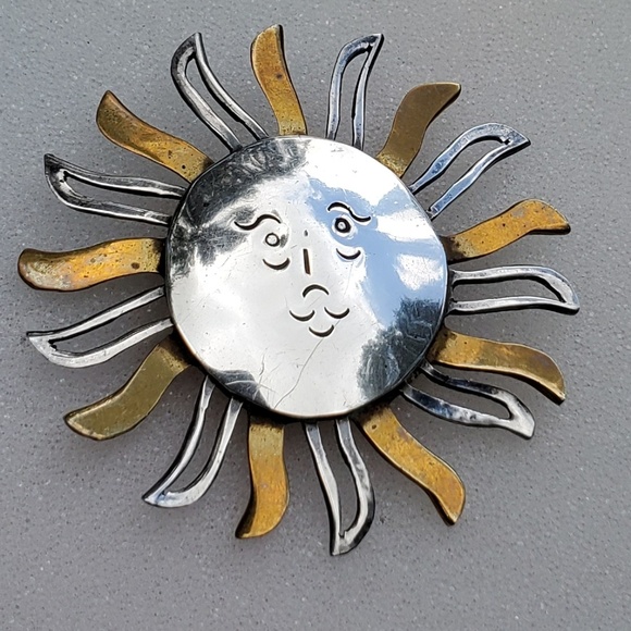 TAXCO Sun Face Gold tone and Sterling Brooch - Picture 1 of 5